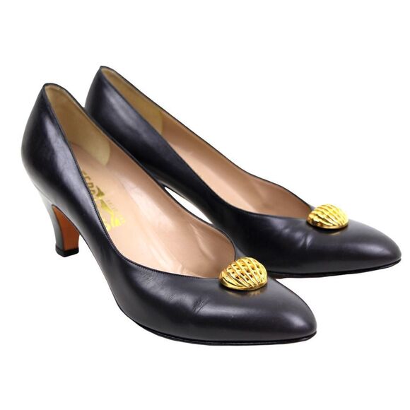 VTG SALVATORE FERRAGAMO GRAY GENUINE LEATHER 3" HEEL CLASSIC PUMP SHOES Sz 9 AA - Picture 1 of 11